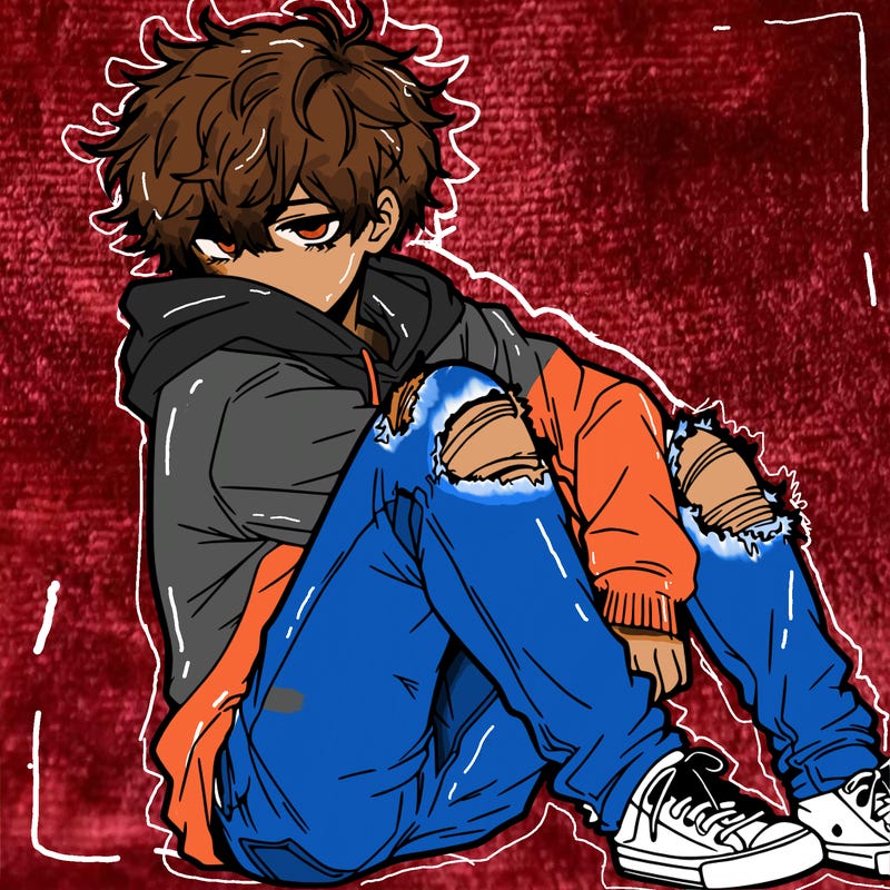a male hoddie ripped jeans messy hair anime