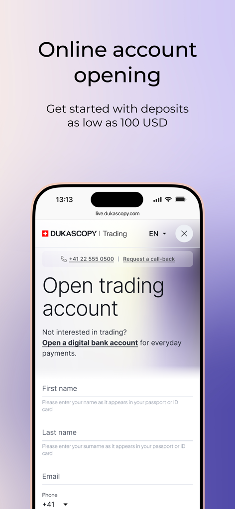 Dukascopy Trading Platform - Formulario de registro en línea para una cuenta de trading Dukascopy en un dispositivo móvil que muestra un depósito mínimo de 100 USD.