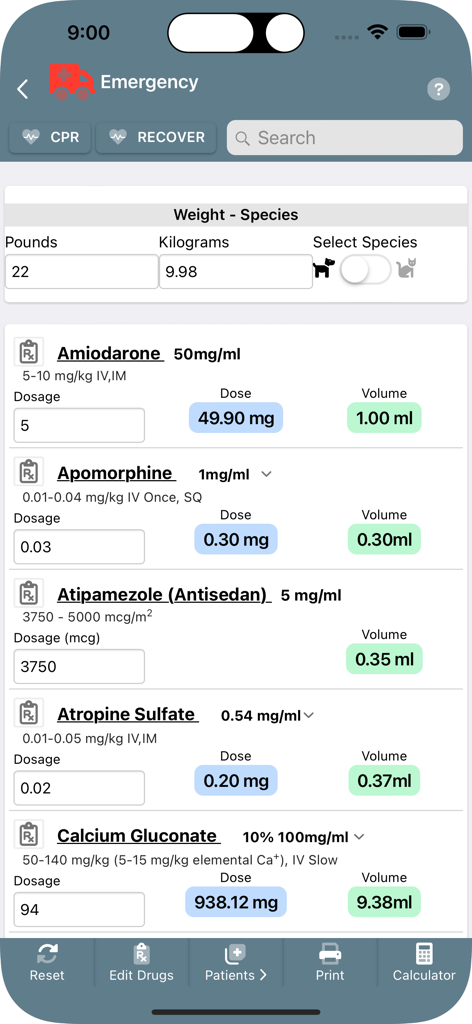 Vetcalculators - Screenshot of the Vetcalculators app showing emergency drug dosage calculations for medications like Amiodarone and Atropine Sulfate
