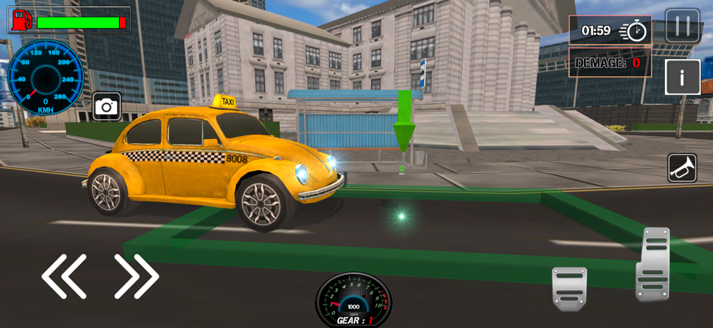 Taxi Sim : Driving Games 2023 - Un taxi escarabajo amarillo aparcado en una parada de autobús de la ciudad en un juego de simulación de conducción.