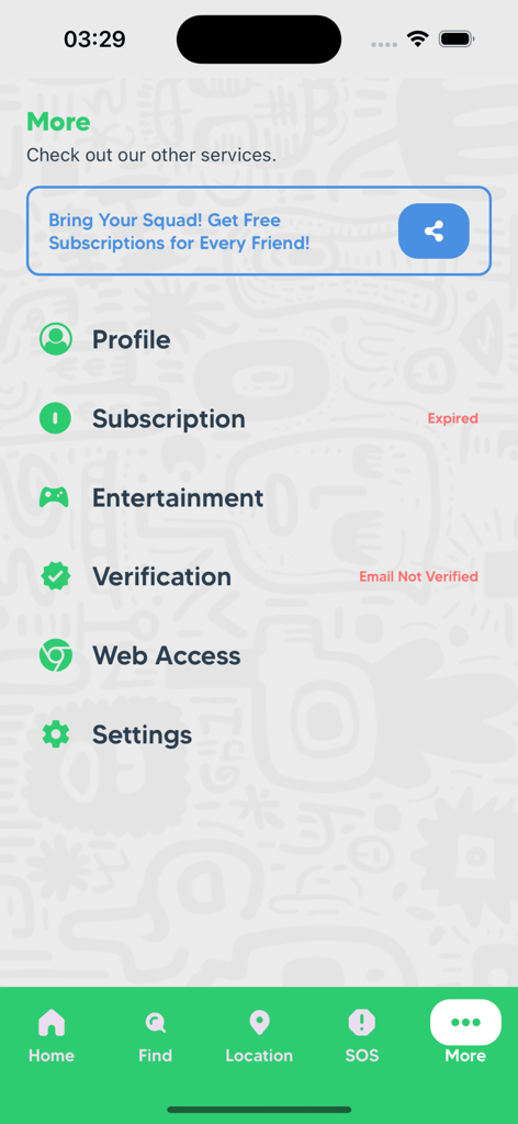 Tyda - Screenshot of the More menu in the Tyda family safety app showing options for profile subscription and settings