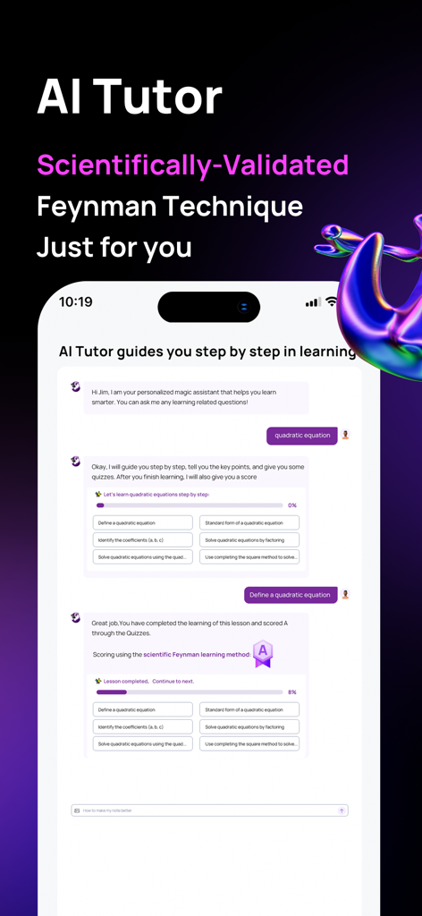 NovaTutor.AI: Video Tutor - AI tutor interface in NovaTutor app using the Feynman technique for step by step learning