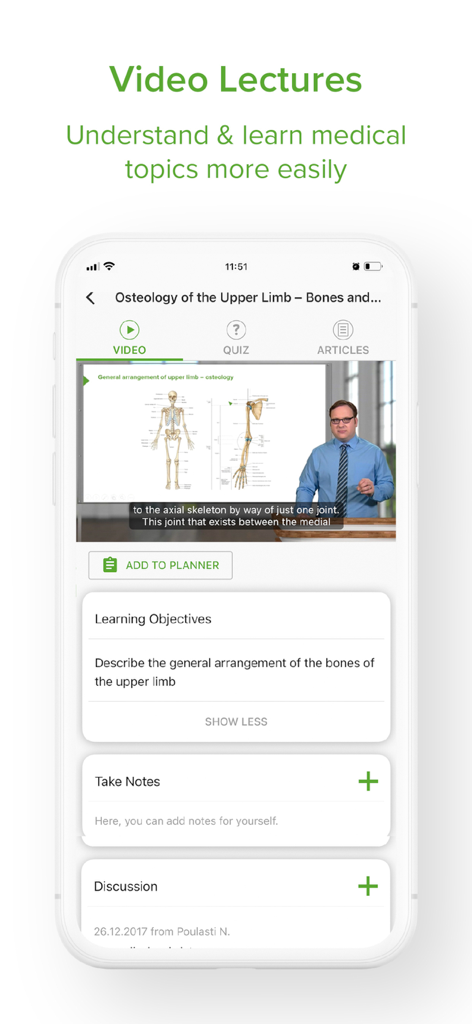 Interfaccia dell'app Lecturio che visualizza una video-lezione medica di anatomia con strumenti di studio interattivi, inclusi obiettivi di apprendimento e note.