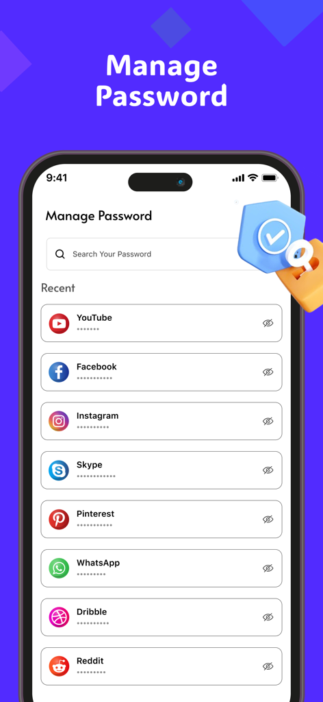 Deleted Photo Recovery. - A smartphone screen displaying a password manager interface with social media account entries