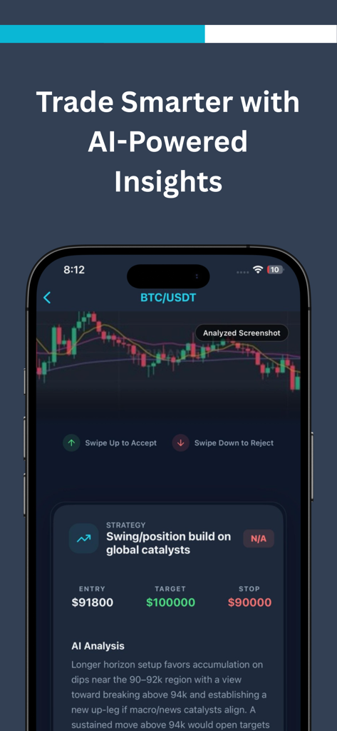 Snap Trade: Scan & Track - Captura de tela de aplicativo móvel mostrando análise de trade com tecnologia de IA para Bitcoin com níveis de alvo de entrada e stop loss