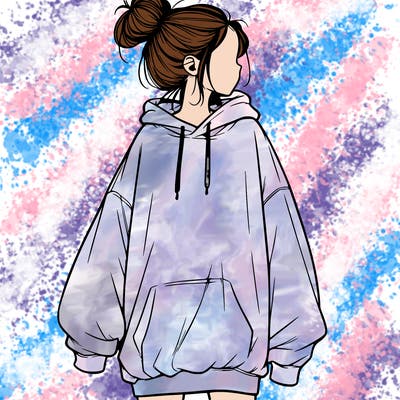 realistic girl with a oversized sweatshirt on and a bun