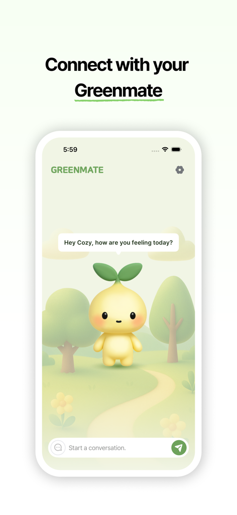 Greenmate – AI Friend for You - Ein süßer Sprossencharakter unterhält sich mit dem Benutzer in der Greenmate App-Oberfläche