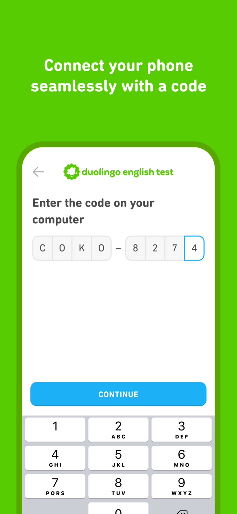Una pantalla de la aplicación Duolingo English Test que muestra un campo para ingresar un código para conectar el dispositivo móvil a una computadora para la supervisión.