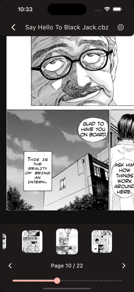 bloopworm - comic book reader - Interfaz de lectura de manga en la aplicación bloopworm que muestra la navegación de página y los paneles del cómic.