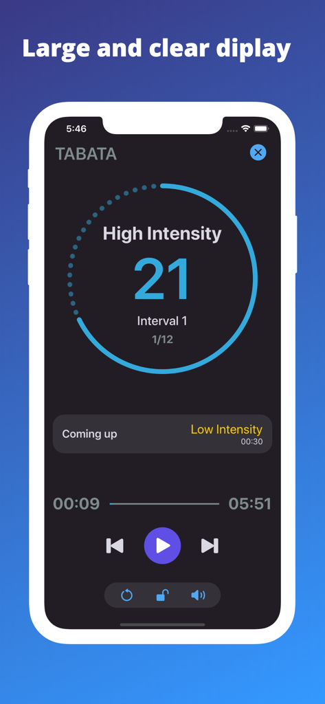TimeFit - Interval Timer - TimeFit app interface showing a high intensity interval timer with a circular progress indicator.