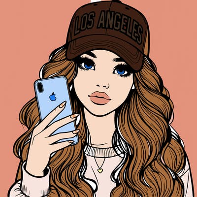 realistic beautiful girl wearing los ángeles cap holding an iphone