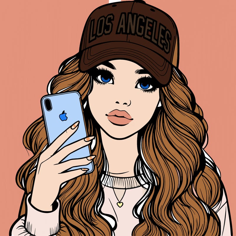 realistic beautiful girl wearing los ángeles cap holding an iphone