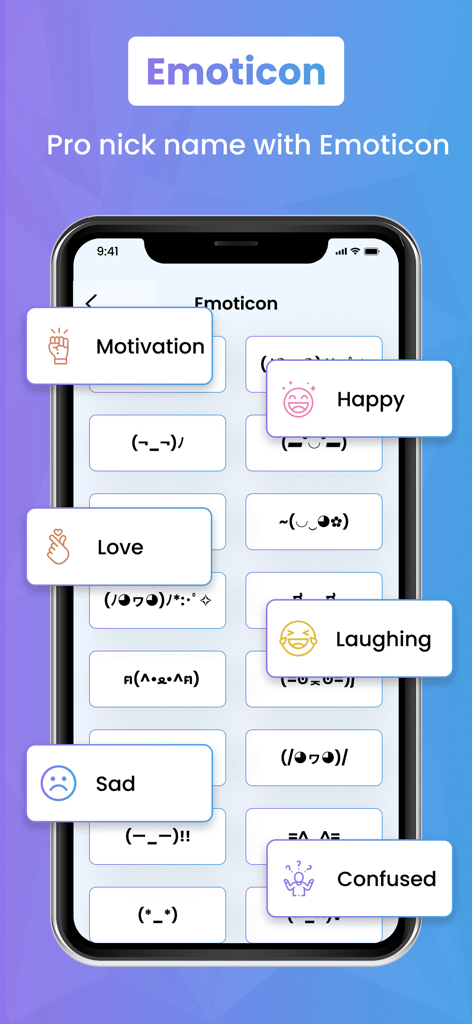Nickname Generatore - 맞춤형 닉네임에 대한 감정별로 분류된 텍스트 기반 이모티콘 및 가오모지 목록을 표시하는 모바일 인터페이스