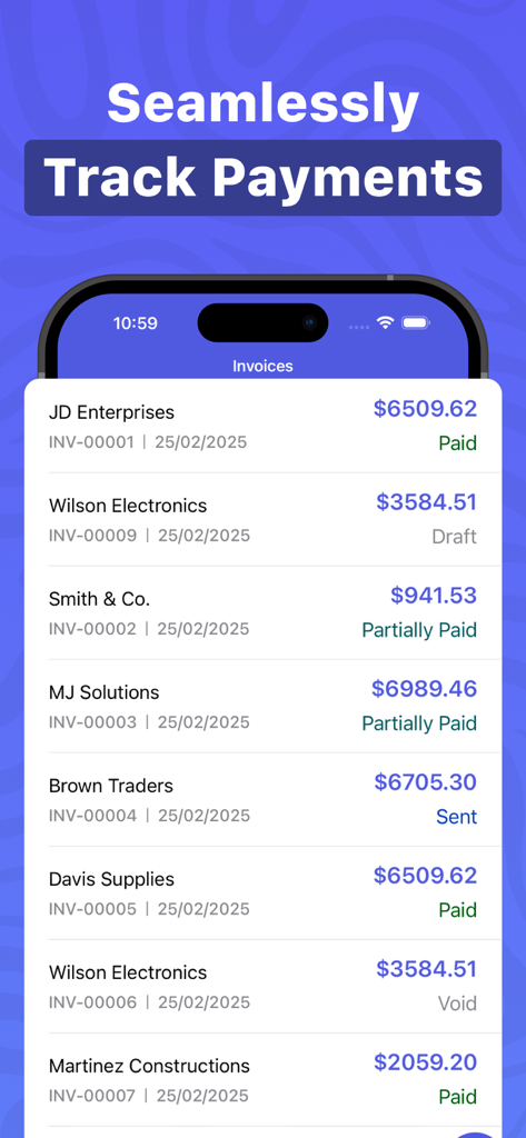 Invoice Maker & Estimate - 支払い済み、下書き、一部支払い済みなど、さまざまな支払いステータスを持つプロフェッショナルな請求書のリストを示すモバイルアプリの画面。