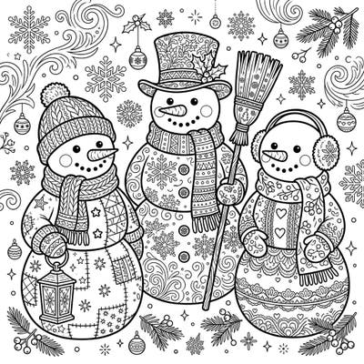 Discover a delightful scene of intricate snowman sculptures, each adorned with unique patterns and festive accessories. This enchanting coloring page is perfect for igniting your holiday spirit and creative flair.