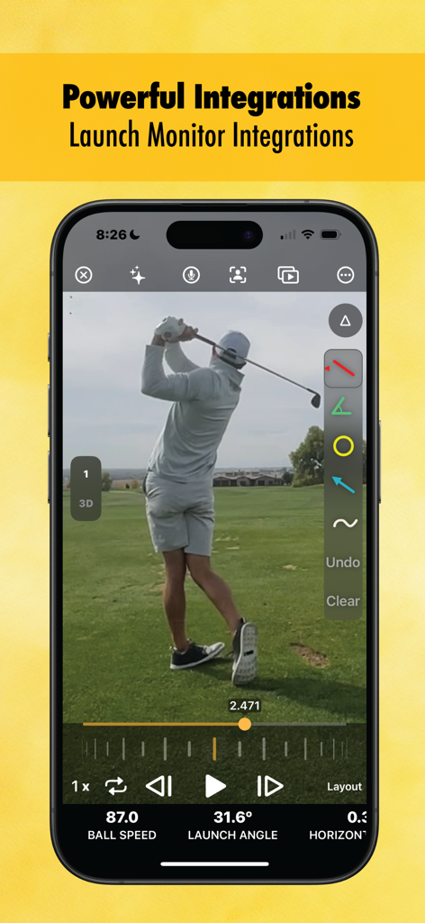 Onform: Video Analysis App - Onform app interface showing a golf swing video analysis with integrated launch monitor data like ball speed and launch angle.