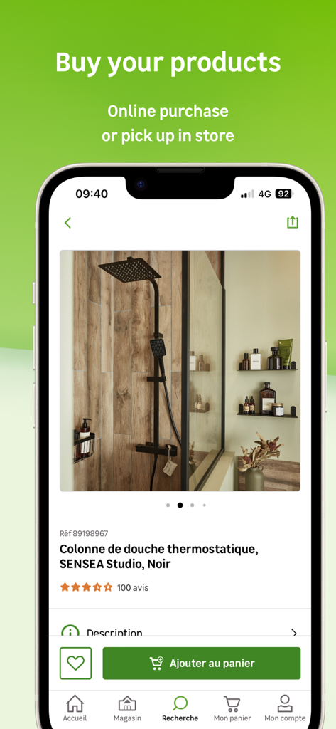 Leroy Merlin app displaying a black thermostatic shower column with an add to cart button