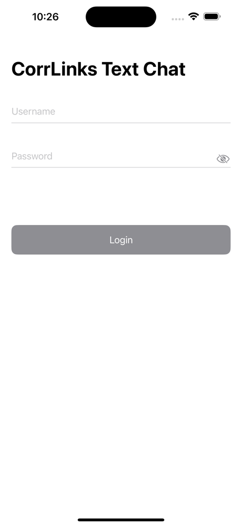 CorrLinks Text Chat - Login screen for the CorrLinks Text Chat application