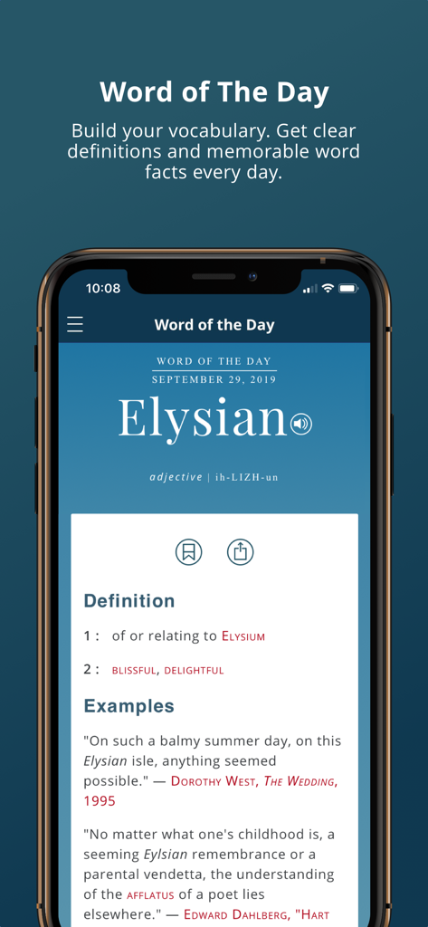 Merriam-Webster app showing the Word of the Day feature for Elysian