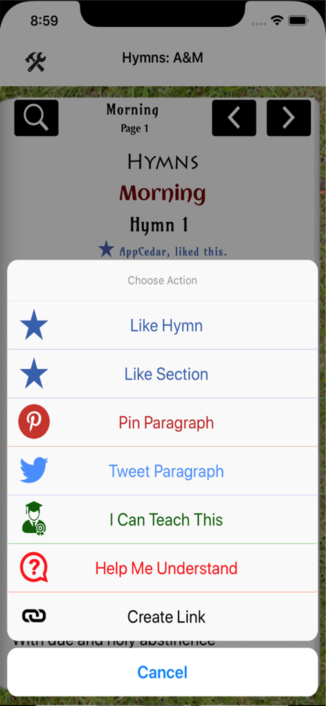 Hymn Book - Action menu in the Hymn Book app showing options to share hymns and request help