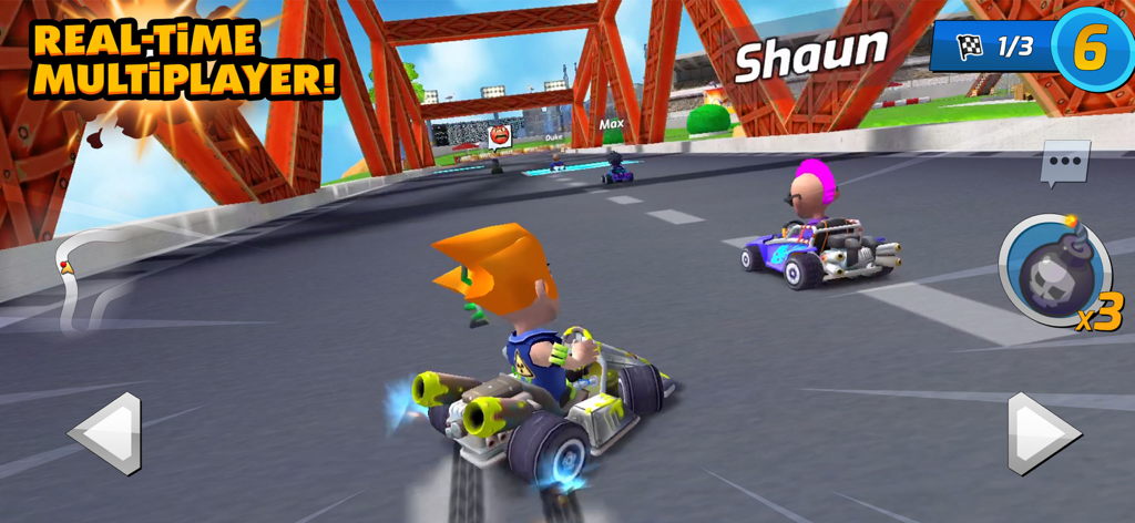 Boom Karts Multiplayer Racing - Carrera de karts multijugador en tiempo real en un puente con personajes personalizados