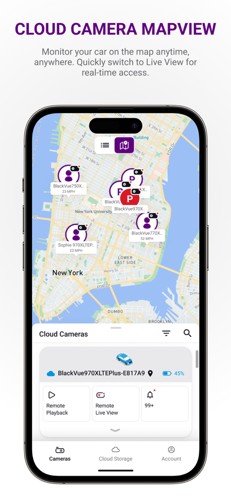 FLEETA App-Oberfläche mit Echtzeit-GPS-Fahrzeugverfolgung auf einer Karte mit Live-Dashcam-Status
