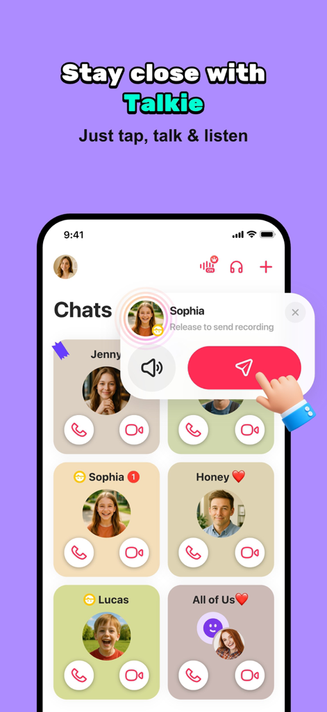 JusTalk Family Messenger - Smartphone screen showing the JusTalk Family Messenger app interface with a hand sending a voice recording to a contact named Sophia.