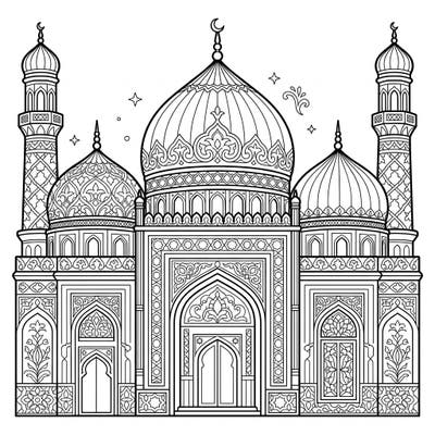 Embark on a serene artistic journey with this stunning coloring page featuring a majestic Sufi shrine. Its intricate architecture and delicate patterns offer a deeply engaging and meditative coloring experience for all skill levels.
