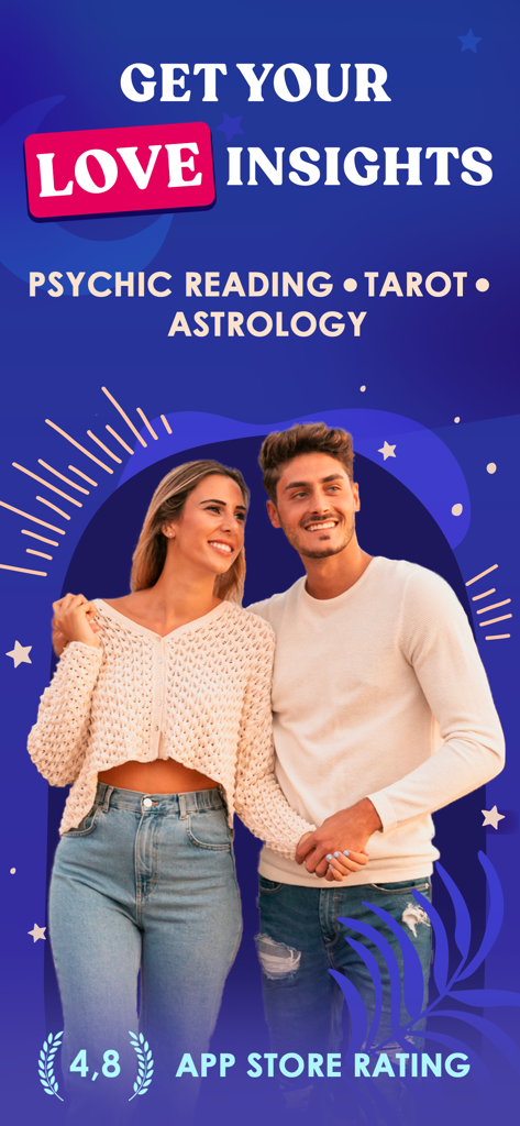 A happy couple holding hands under text promoting love insights through psychic reading tarot and astrology