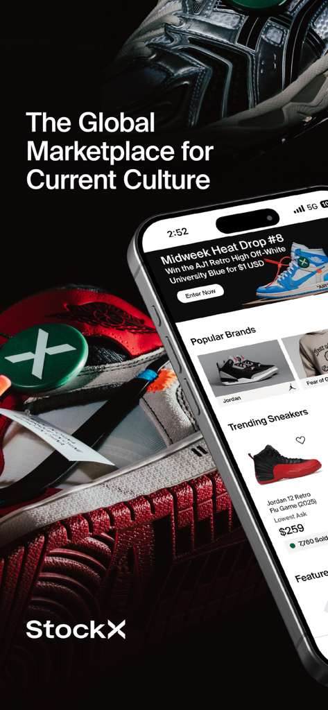 StockX - Sneakers and Apparel - The StockX mobile app interface showing trending sneakers and popular streetwear brands on a smartphone.