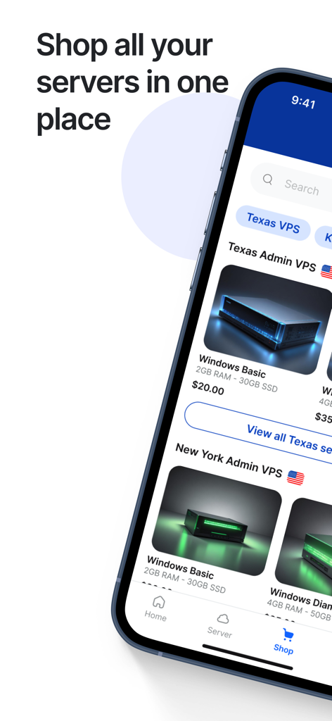 Interfaz de la tienda de la aplicación GoldenRDP mostrando una variedad de paquetes de servidores VPS y RDP para comprar.