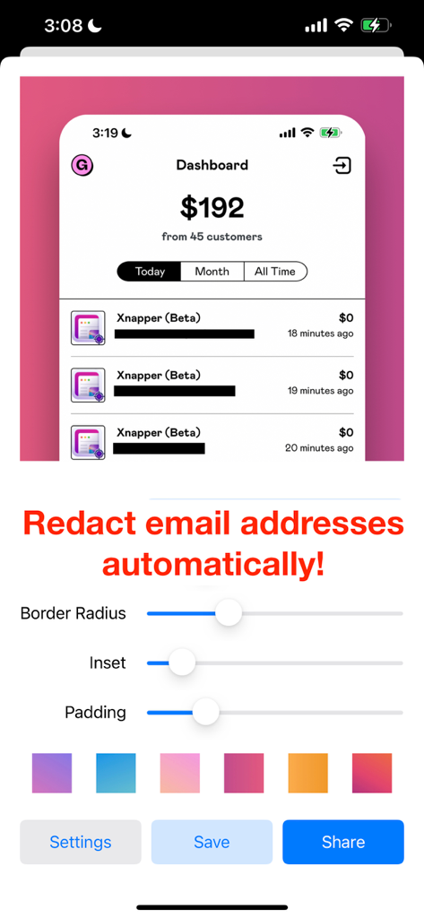 Xnapper - Beautiful Screenshot - Interfaz móvil de Xnapper que muestra la redacción automática de correos electrónicos y herramientas de personalización de capturas de pantalla