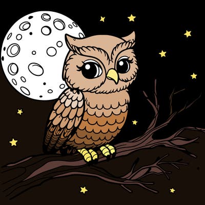 owl perched on a branch, looking at the moon