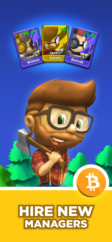 Screenshot of Crypto Miner Bitcoin Factory showing character cards to hire new managers