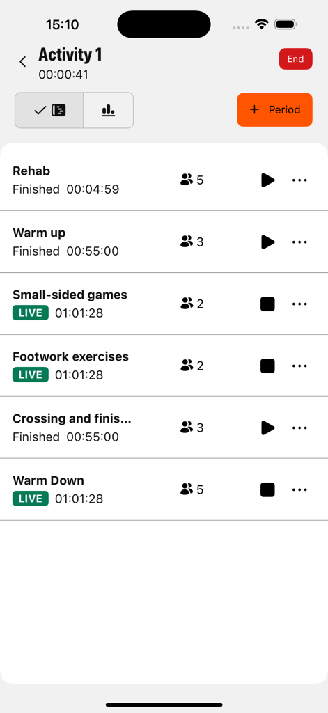 Catapult Vector - Interface of the Catapult Vector app showing a live training session with multiple activity periods and athlete tracking counts