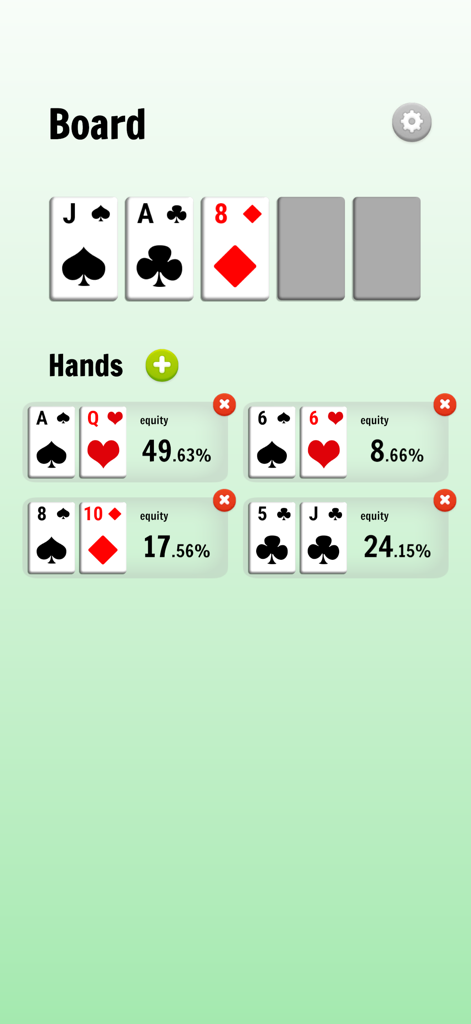 Poker Odds Calculator Pro screen showing four players equity percentages on a flop