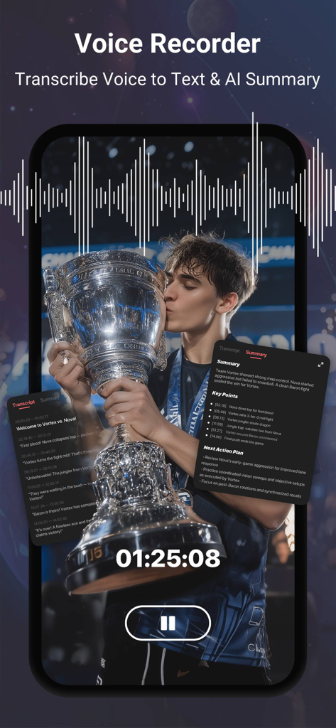 Interface of V Recorder app showing AI voice transcription and meeting summary features on a smartphone screen