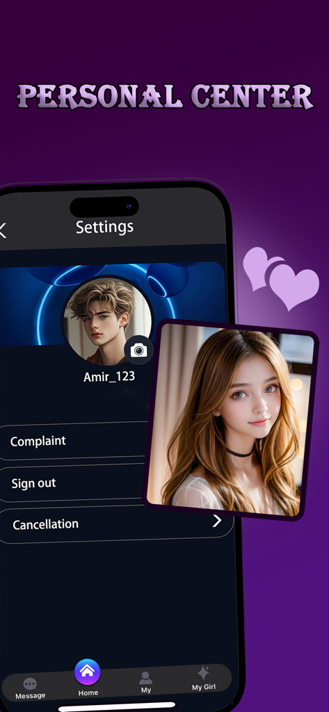Hilii - Ai friends - Personal center screen in the Hilii app showing user profile settings and an AI companion image