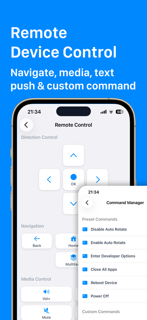 ADB Connect & Debugger for ATV - Android TVのリモートコントロールナビゲーションとプリセットシステムコマンドを示すインターフェース。