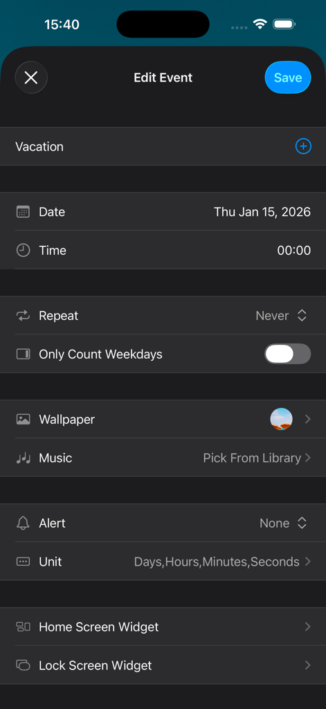 L'écran d'édition d'événement dans l'application Countdown@ pour configurer un compte à rebours de vacances avec des options de personnalisation.