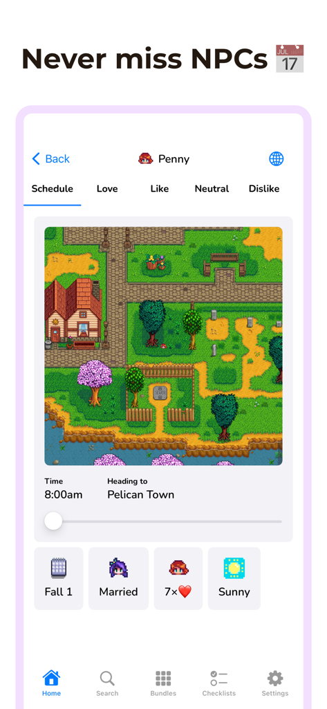 Assistant for Stardew Valley - Mobile app interface showing NPC Penny's location and schedule in Stardew Valley