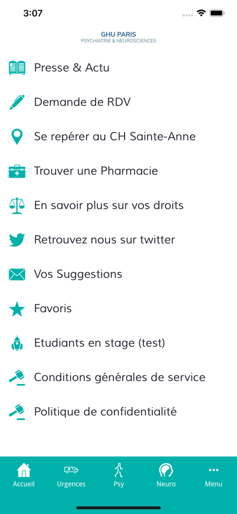 GHU Paris - Main menu of the GHU Paris app displaying options for medical appointments news and services