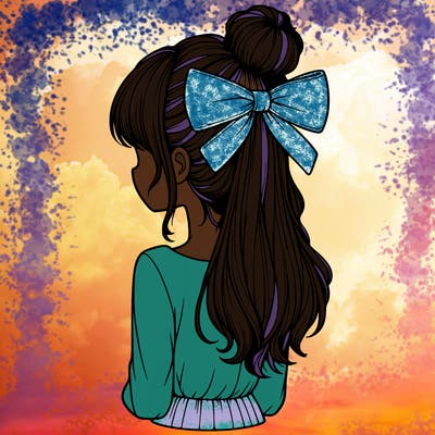 realistic girl  with hip length hair a bun and a big bow on the back of head