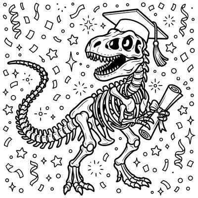 Witness a prehistoric achievement with our T-Rex Skeleton Graduation coloring page, celebrating a monumental dino-mite milestone. This unique template brings together the excitement of graduation with the fascinating world of dinosaurs for a truly memorable coloring experience.