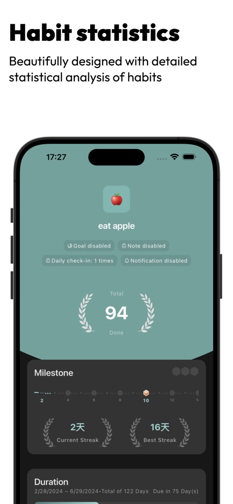 HabitDone app screenshot showing habit statistics, current streak, and milestones for a daily goal