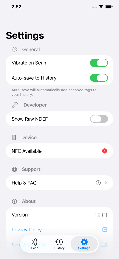 NFC Reader & Writer – NFC Tool - Settings screen of the NFC Reader and Writer app showing developer and scan history options