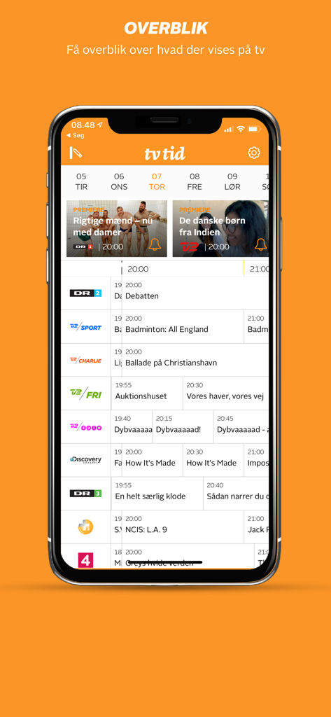 tvtid – Dansk Tv-guide - tvtid app screenshot showing the Danish TV program schedule overview on a smartphone