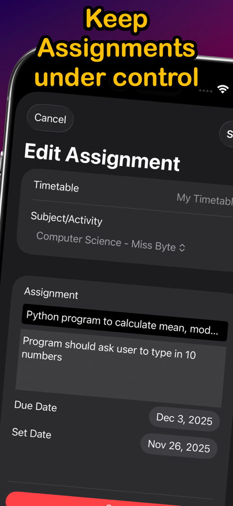 School Timetable Pro Schedule - Mobile app screen for editing school assignments and setting homework due dates