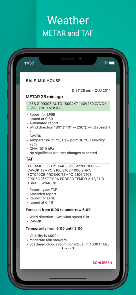 Detaillierte METAR- und TAF-Luftwetterbericht-Oberfläche für Piloten