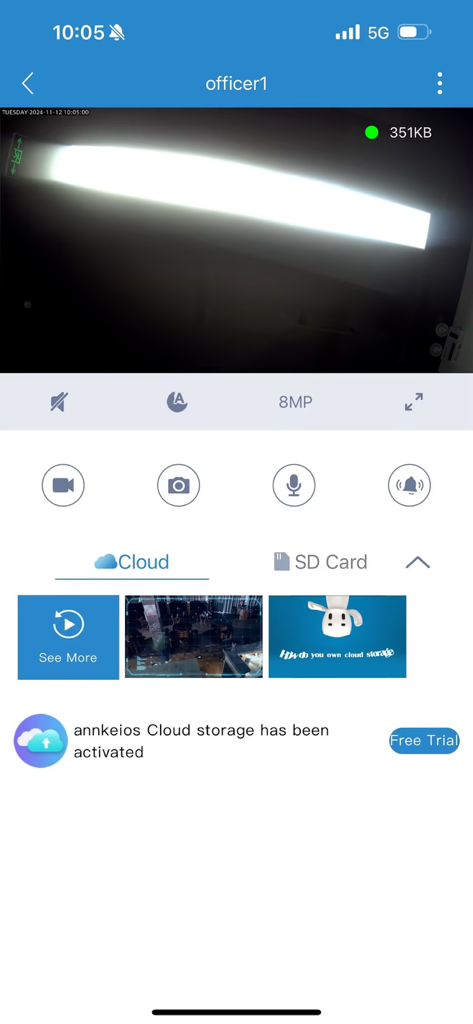 MIPC mobile app interface showing a live video feed with camera controls and cloud storage options